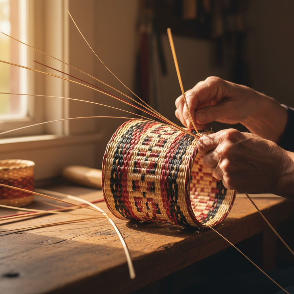 Close-up of skilled hands weaving a traditional Cherokee rivercane basket with intricate geometric patterns