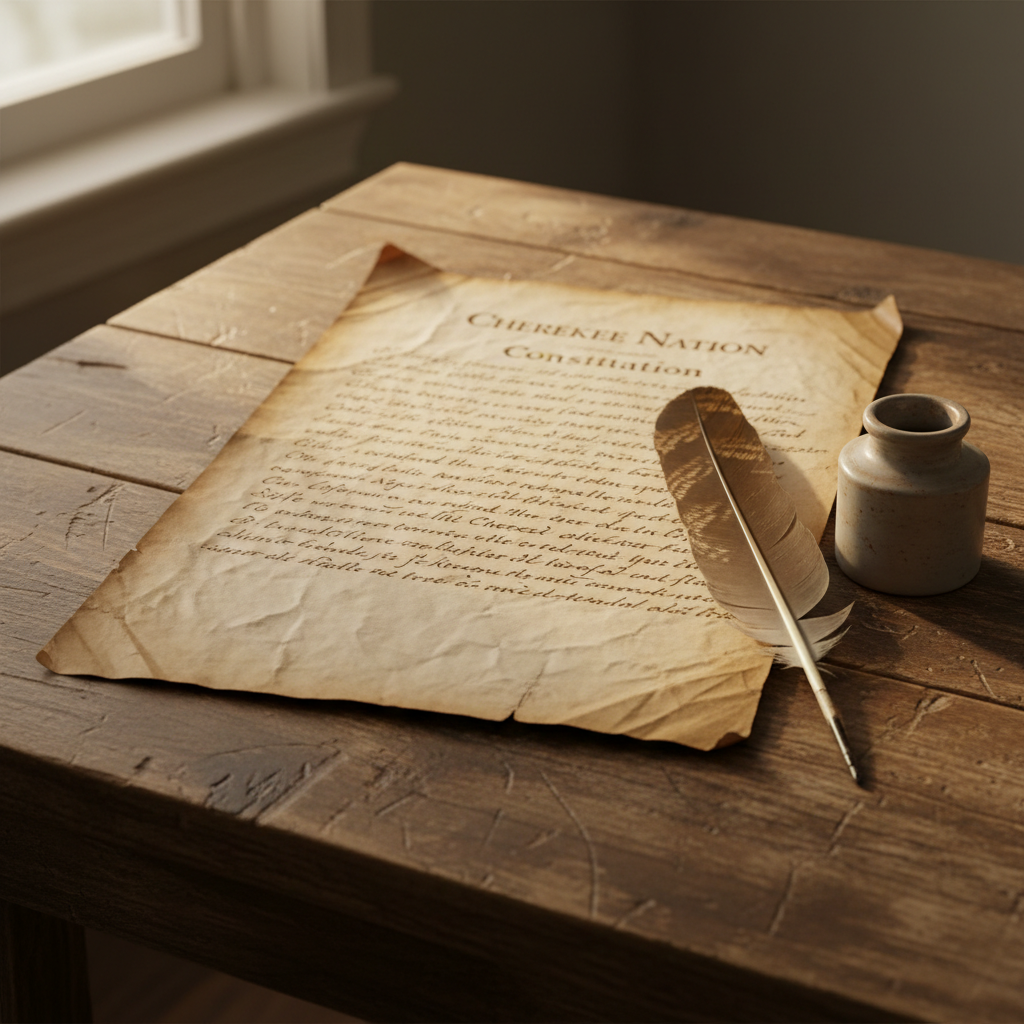An aged Cherokee constitution document on parchment with a feather quill and inkwell on a wooden table
