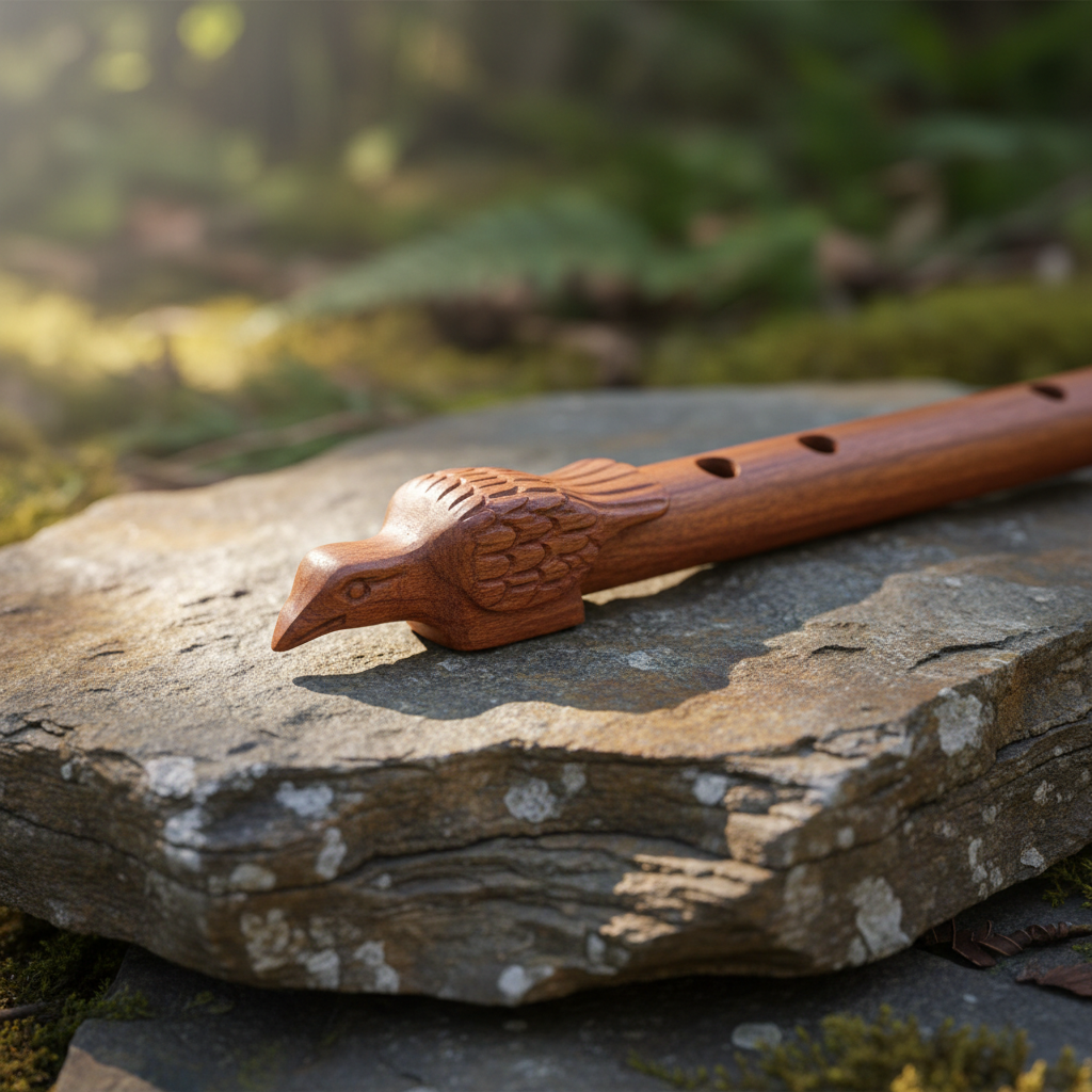 A hand-carved wooden Cherokee flute resting on a natural stone surface with soft natural light