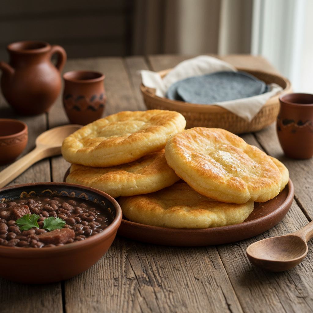 Golden fry bread on a rustic wooden table with a bowl of beans and traditional serving ware