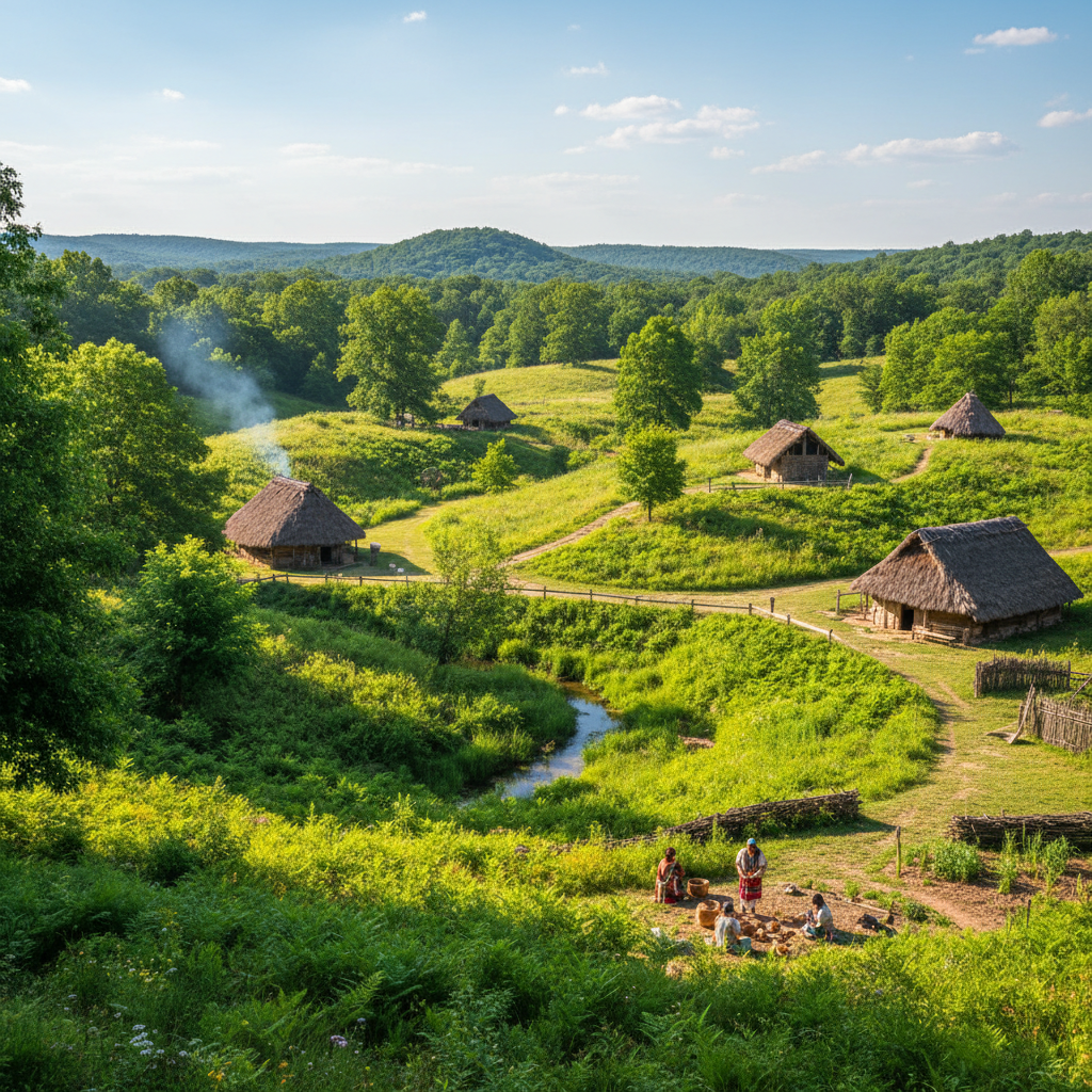Historic Cherokee Heritage Center grounds with traditional dwellings and lush green landscape in Park Hill Oklahoma
