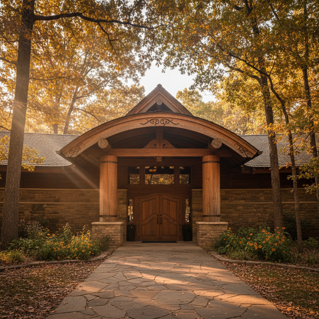 Cherokee Heritage Center entrance with traditional-style architecture surrounded by trees in Park Hill Oklahoma