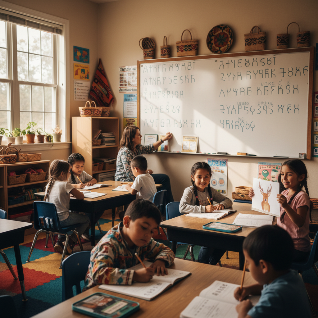 Cherokee immersion school classroom with Cherokee syllabary on the whiteboard and children learning