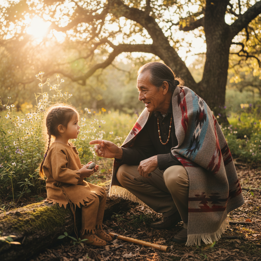 A Cherokee elder speaking to a young child, symbolic of naming traditions, warm natural light