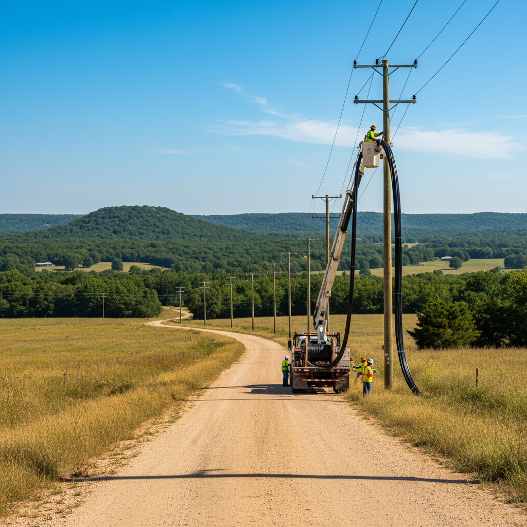 Fiber optic cables being installed along a rural Oklahoma road with green Cherokee hills in the background