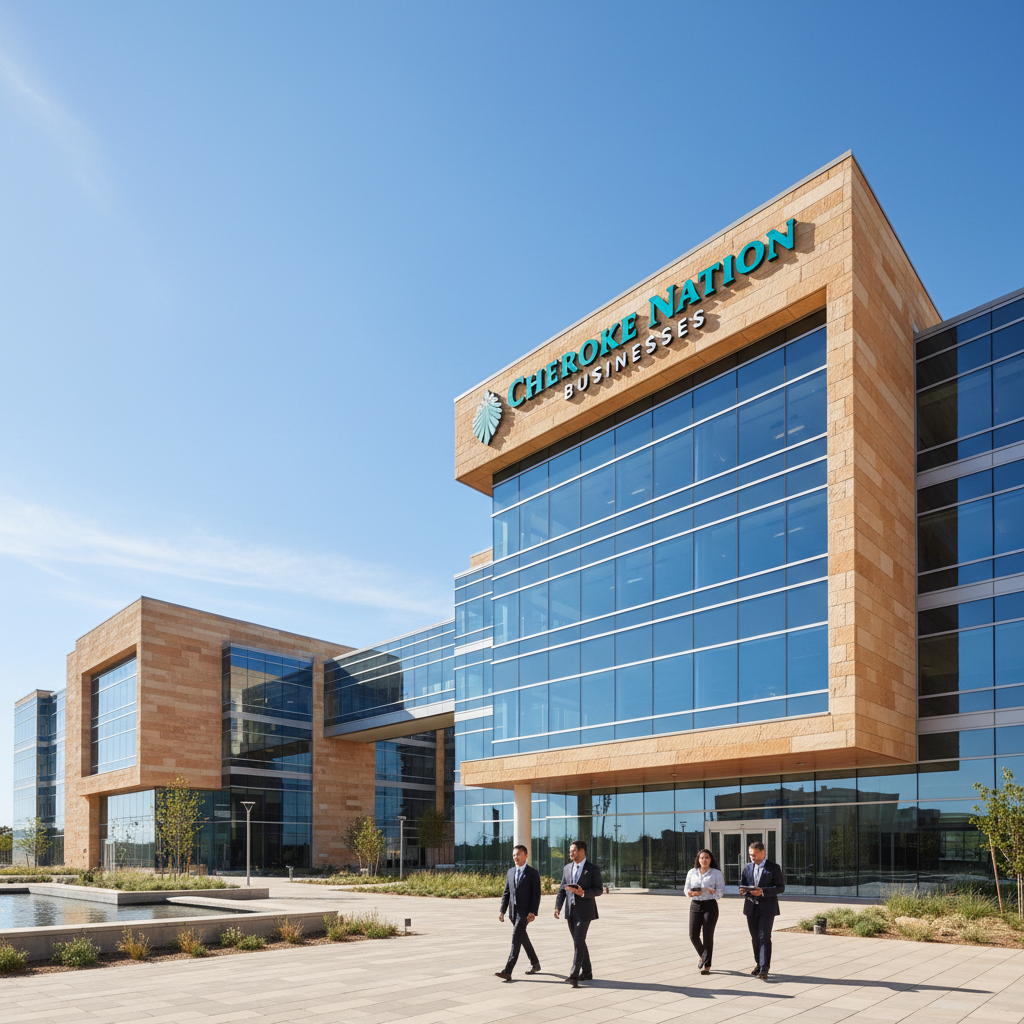 Modern corporate campus building with Cherokee Nation Businesses signage, professional architecture