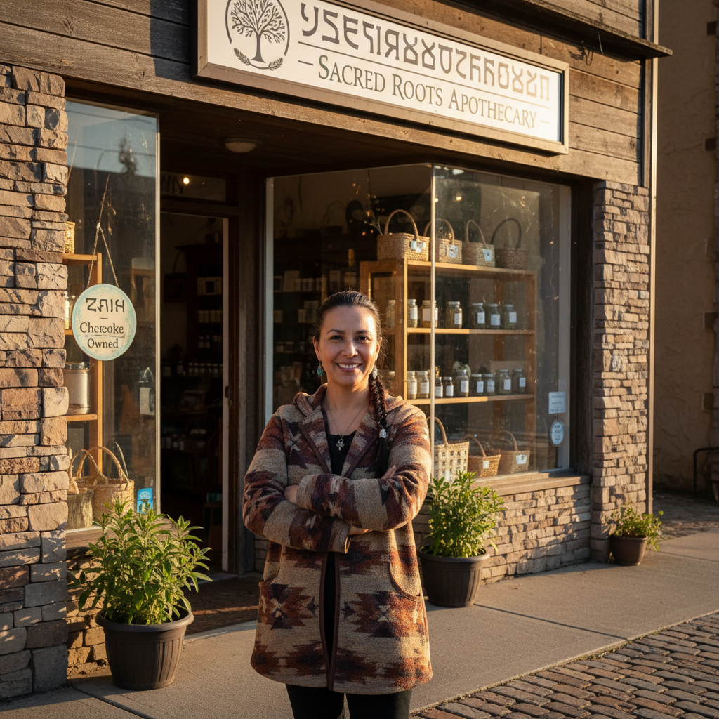 A Cherokee-owned small business storefront with the owner standing proudly outside, warm afternoon light
