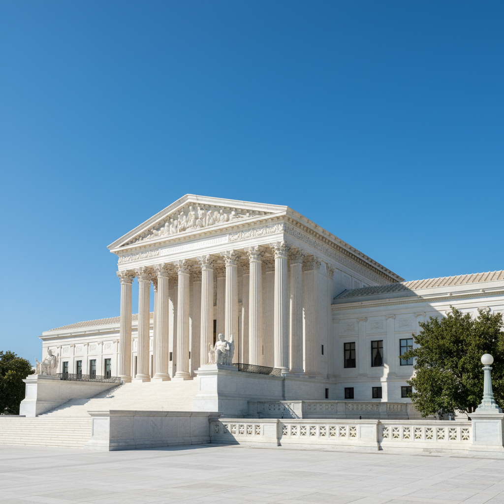 Historic Supreme Court building exterior, solemn and dignified, with period-appropriate 1830s atmosphere