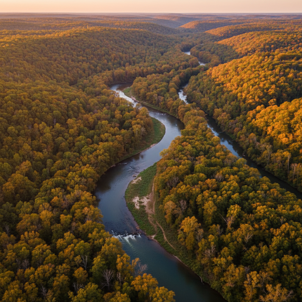 The Illinois River flowing through northeastern Oklahoma with lush forests, aerial perspective at golden hour