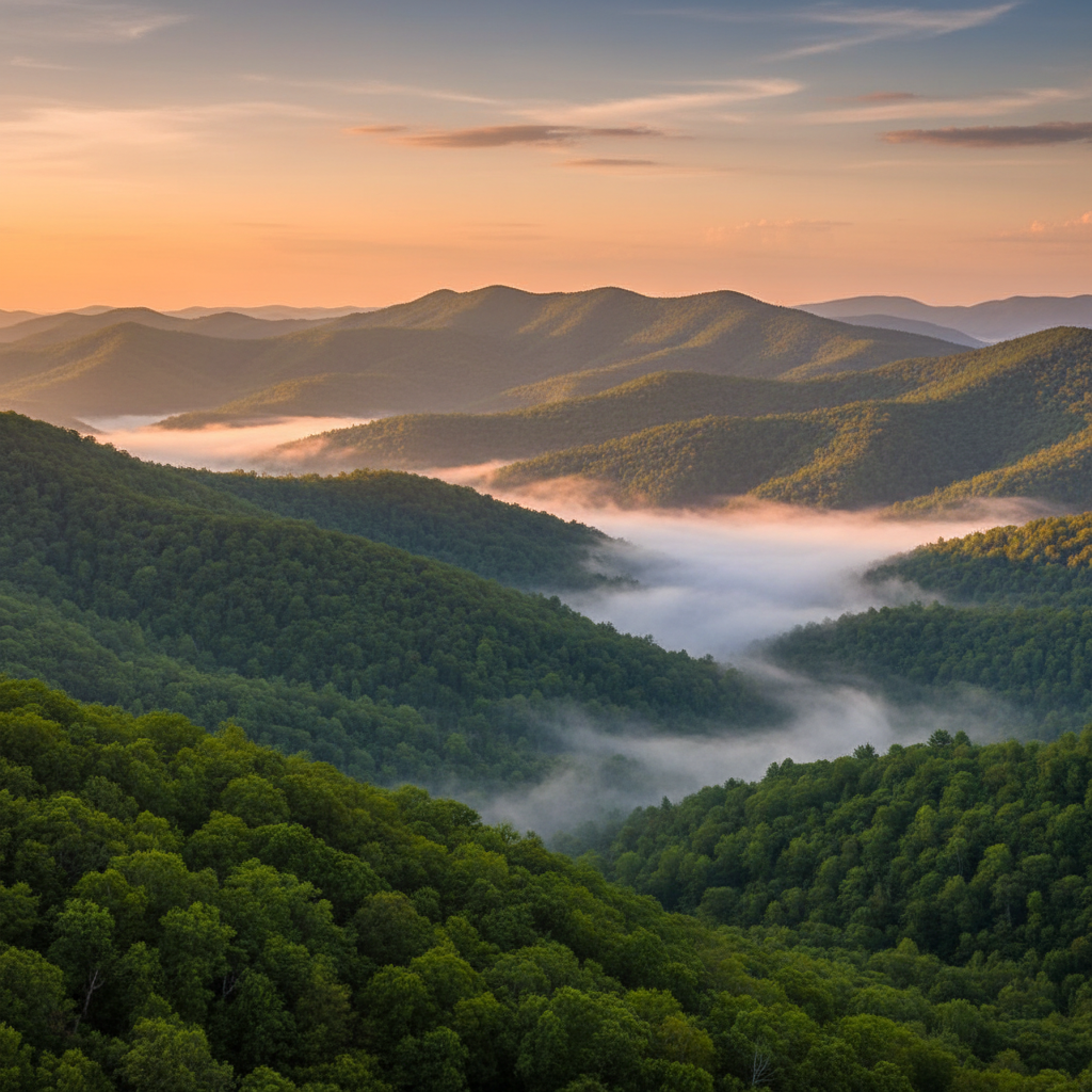 Lush Cherokee National Forest in Tennessee with rolling green mountains and mist in the valleys, panoramic landscape