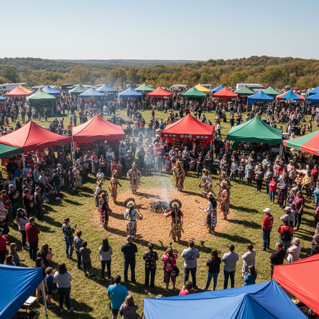 Cherokee National Holiday festival grounds with colorful tents and crowds enjoying cultural events in Tahlequah