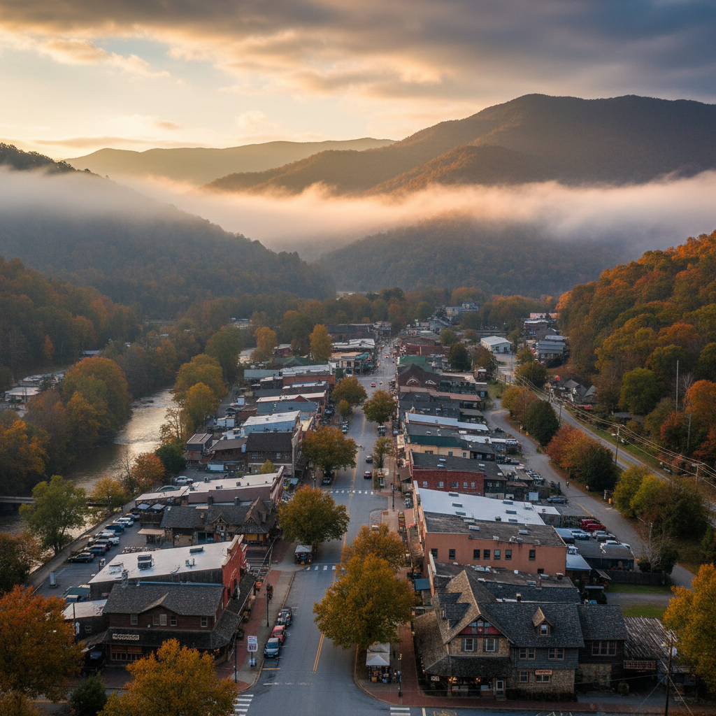 The town of Cherokee North Carolina nestled in the Great Smoky Mountains, scenic mountain town view