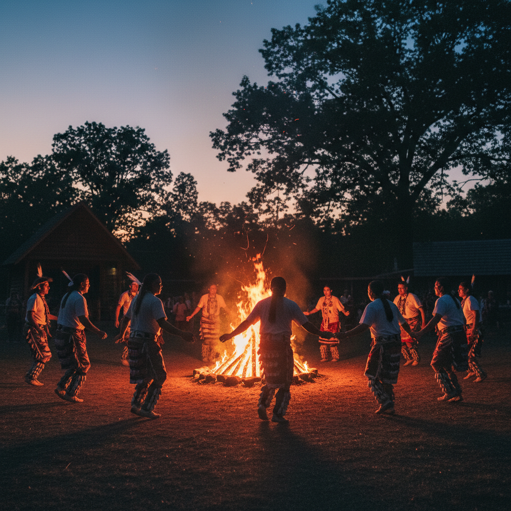Cherokee stomp dance ceremony at dusk with firelight illuminating dancers around a central fire