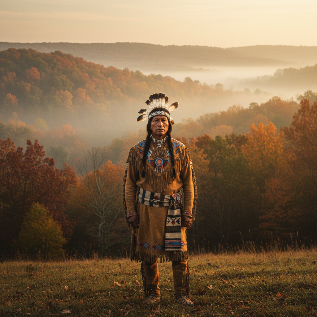 Dignified historical-style portrait of a Cherokee leader in 1830s period clothing standing resolute on a misty hillside