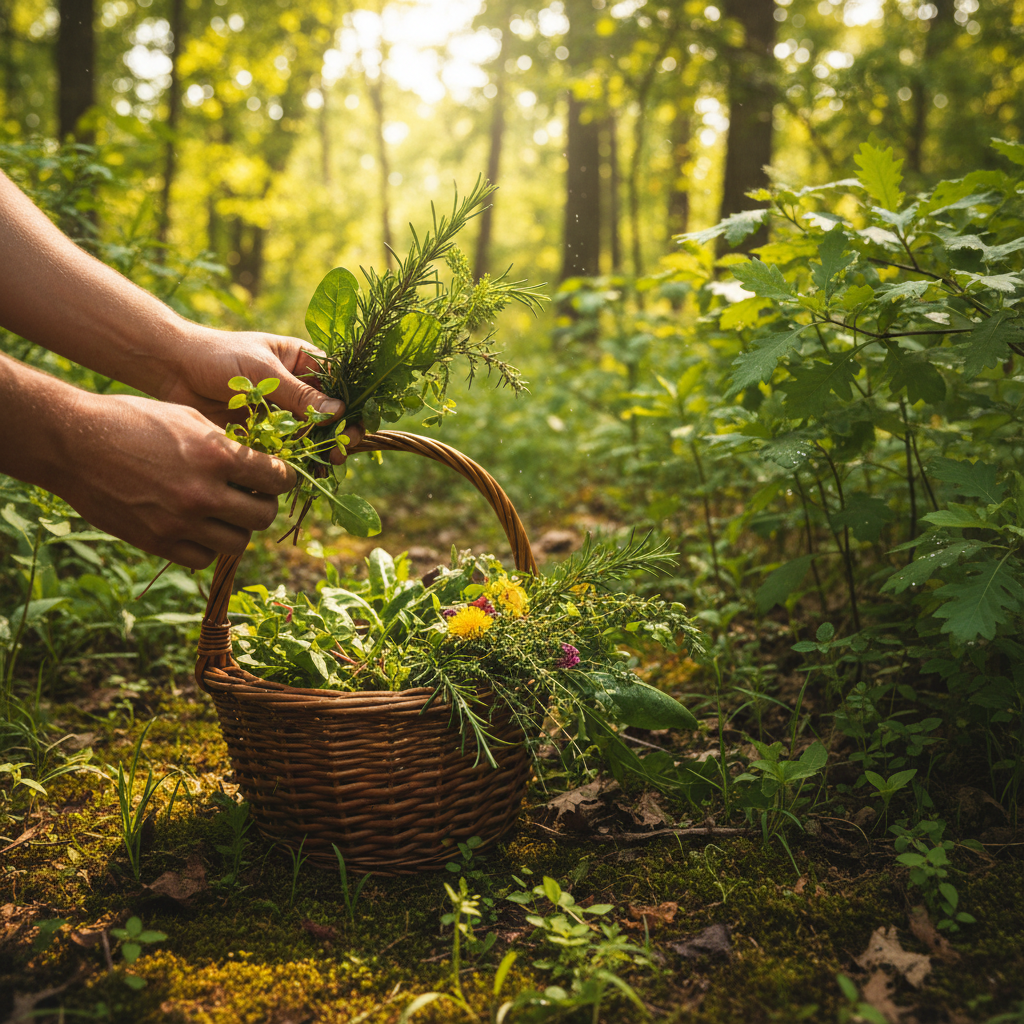 Hands gathering wild greens and herbs in a lush Oklahoma forest edge, woven basket beside them