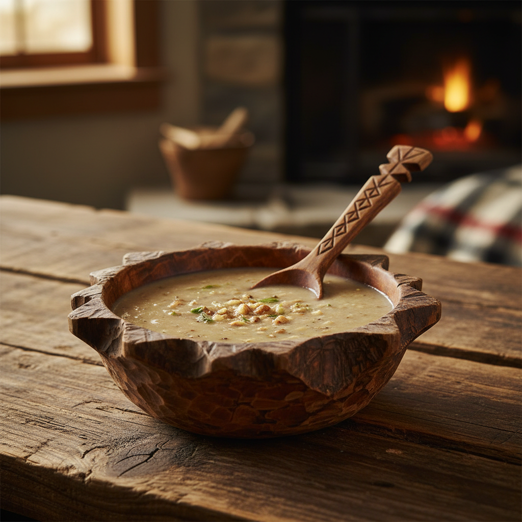 A wooden bowl of kanuchi hickory nut soup with a traditional carved wooden spoon, rustic table setting