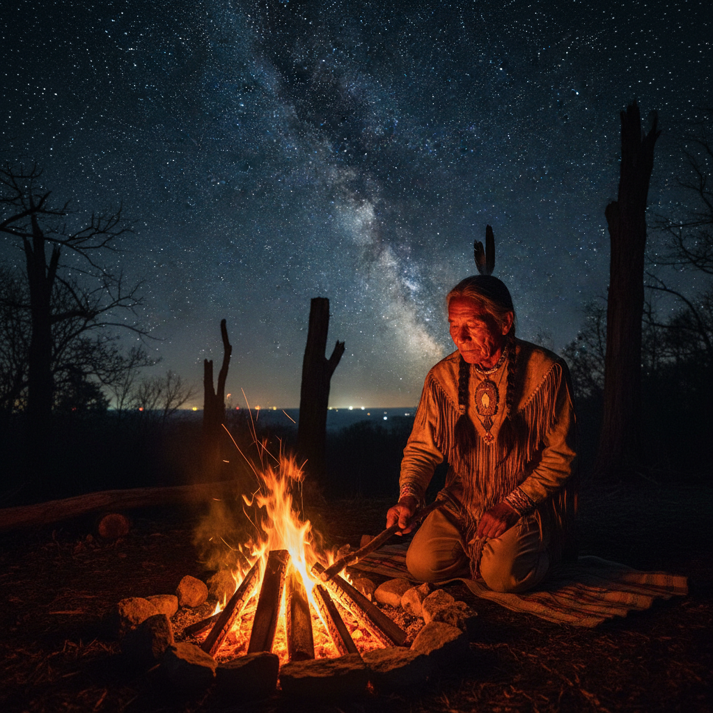 A Cherokee elder tending a sacred fire at night in a forest clearing, warm firelight on his face