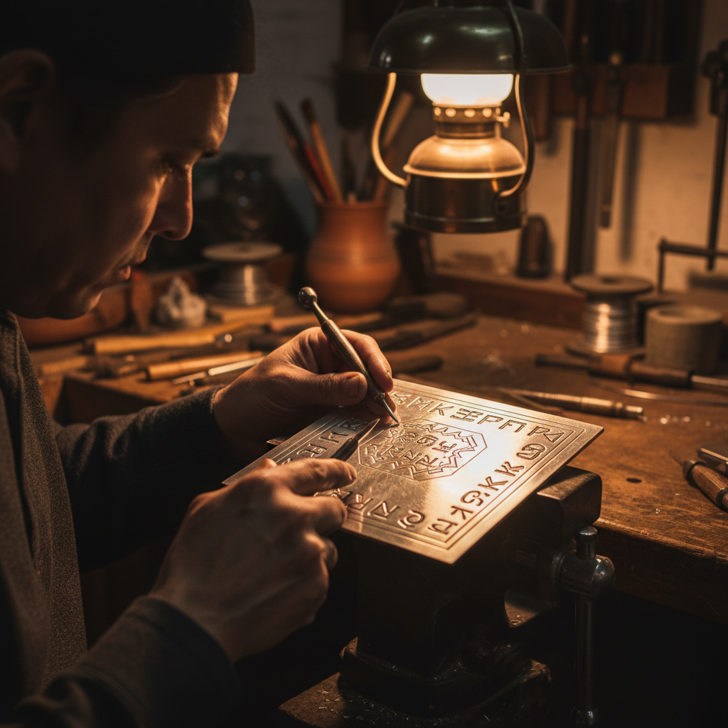 Artistic depiction of a Cherokee silversmith working on a silver engraving with Cherokee syllabary characters visible