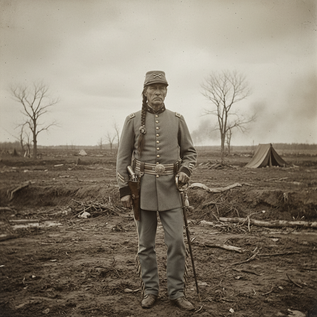 Historical military scene with a Cherokee leader in 1860s Confederate uniform against a Civil War battlefield backdrop