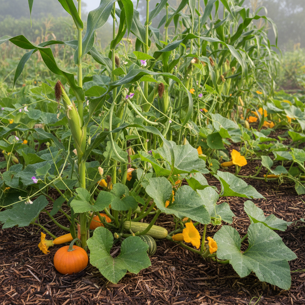 Three Sisters garden with corn beans and squash growing together in rich dark soil with morning light