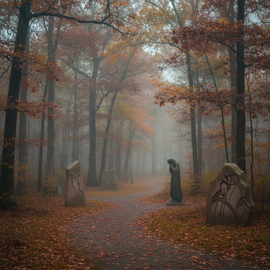 A somber Trail of Tears memorial site with a path through autumn forest, misty morning atmosphere