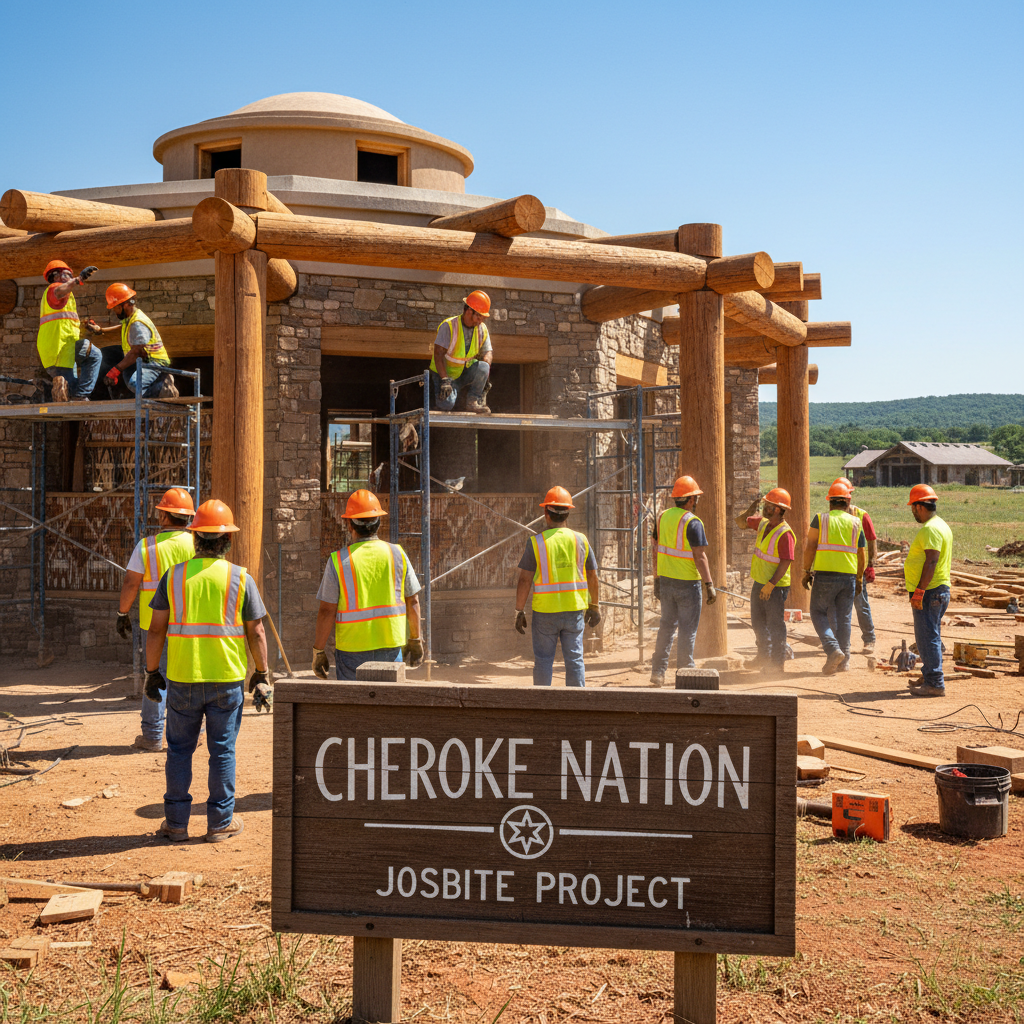 Construction workers on a tribal building project with a Cherokee Nation jobsite sign visible