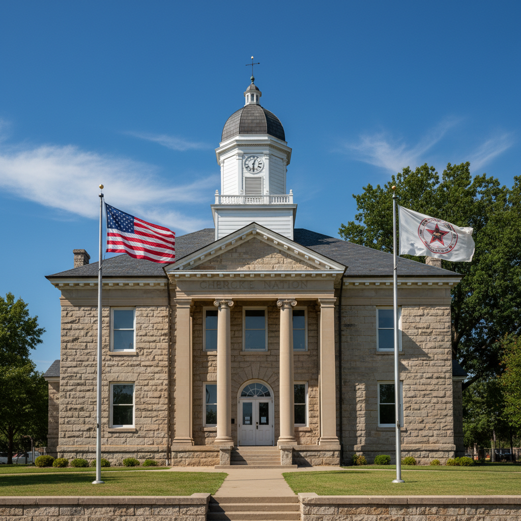 The Cherokee Nation courthouse in Tahlequah with both American and Cherokee flags flying