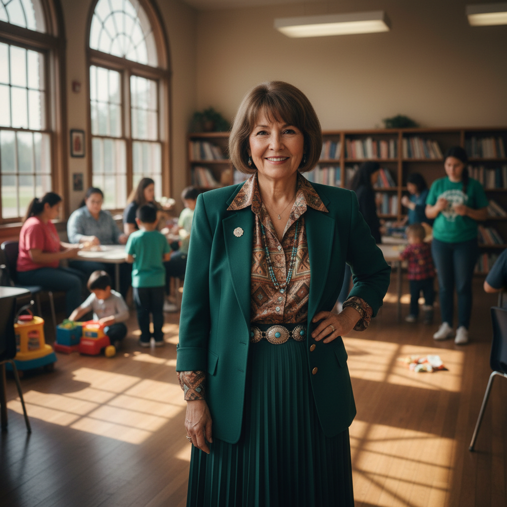 Portrait of a Cherokee woman leader in professional 1980s attire with warm, confident expression