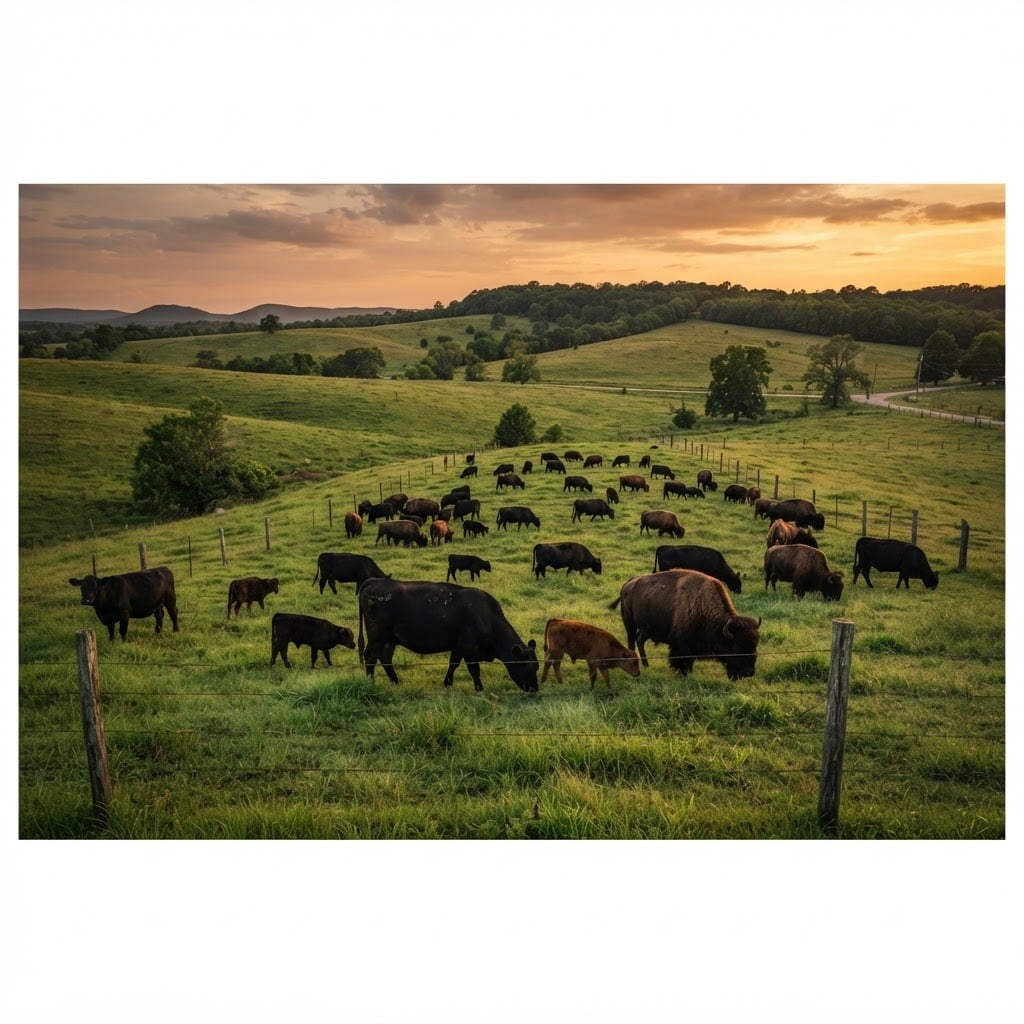 Black Angus cattle and American bison grazing on rolling green pasture in Cherokee Nation near Tahlequah, Oklahoma